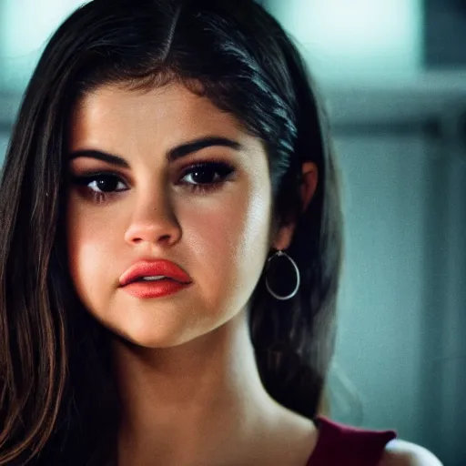 Image similar to close-up of Selena Gomez as a detective in a movie directed by Christopher Nolan, movie still frame, promotional image, imax 70 mm footage