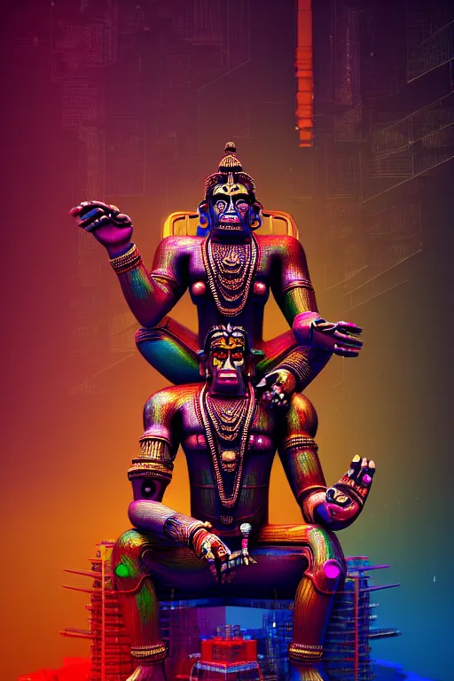 Image similar to high quality 3 d render colorful deconstructed cyborg! hanuman sitting, gold madhubani, highly detailed, cyberpunk!! mumbai in the background, vray cinematic smooth, liam wong, moody light, low angle, uhd 8 k, sharp focus