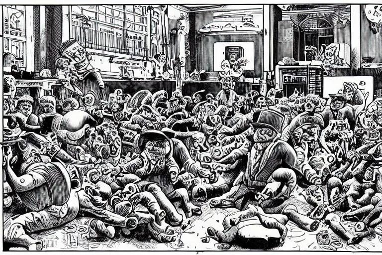 Image similar to a strange battle in an old hospital between old people and babies Robert Crumb Basil Wolverton pen and ink highly detailed perfect composition beautiful strange masterpiece