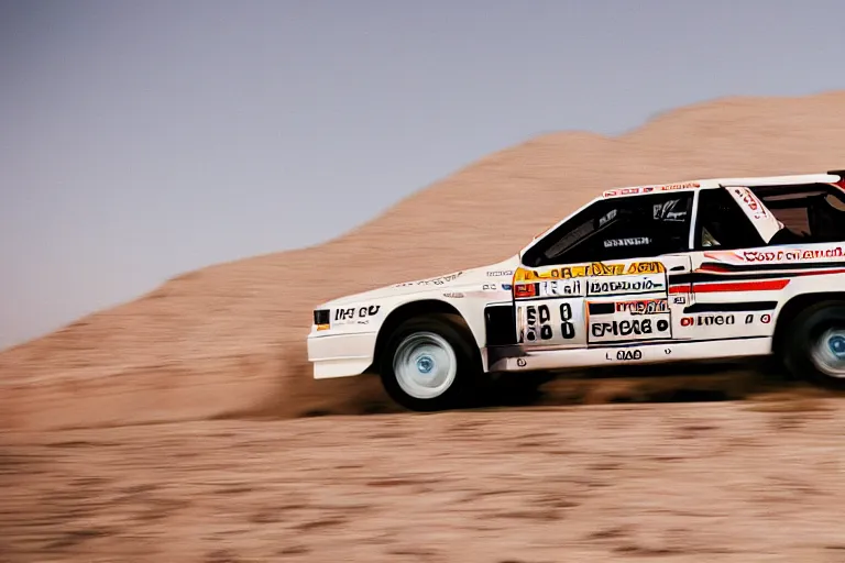 Image similar to Audi quattro rally car driving thru the desert. Cactus. Muted colors, photograph, high-speed photography, motion blur, midday, film 35mm