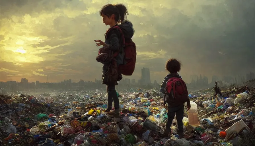 Image similar to poor detailed child with backpack looking for food at garbage dump, city is pure wasteland, moody sunset in background, greg rutkowski, alphonse mucha, trending on artstation, artgerm, unreal engine, breathtaking, award winning, highly detailed