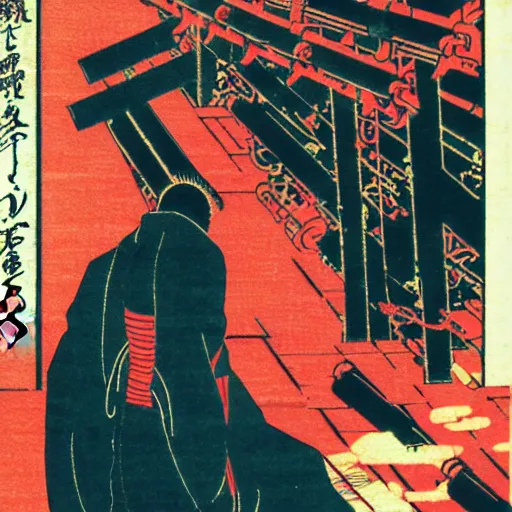 Image similar to japanese cyberpunk silk screen by utagawa yoshiiku, ohara koson, pixiv contest winner, cyberpunk style, cyberpunk color scheme, japanpunk, ( ( neon ) )