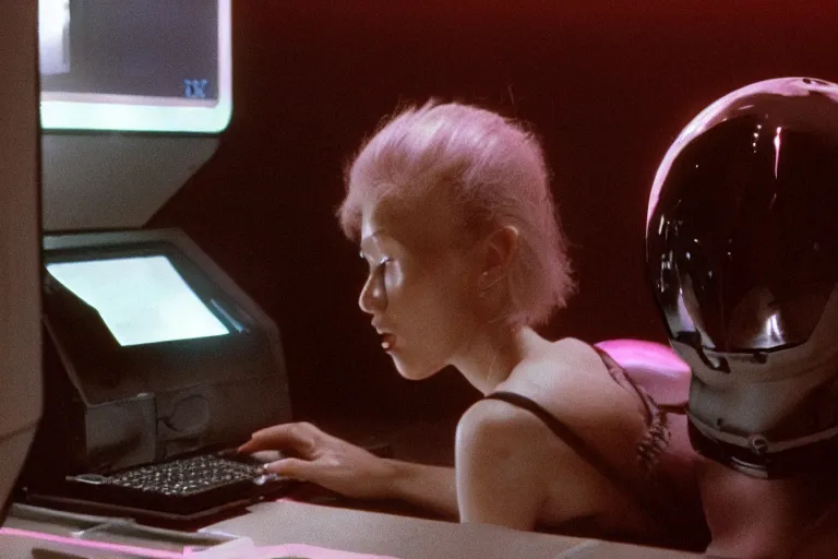 Image similar to alien using a computer to check her email submerged in translucent goo, over the shoulder perspective, in 1 9 8 5, y 2 k cybercore pinkcore, industrial low - light photography, still from a kiyoshi kurosawa movie