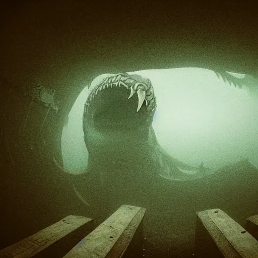 Prompt: sea monster about to eat pov underwater, thalassophobia, creeping forward, dark yellowish water showing anger, pale skin, dark foggy water, dramatic,'silent hill ', terrifying, horror, fear, cinematic