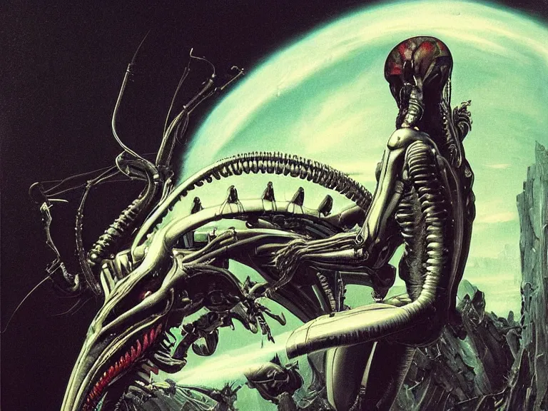 Image similar to a detailed profile painting of xenomorph, cinematic sci-fi poster. Spaceship high in the background. Flight suit, anatomy portrait symmetrical and science fiction theme with lightning, aurora lighting clouds and stars. Clean and minimal design by beksinski carl spitzweg giger and tuomas korpi. baroque elements. baroque element. intricate artwork by caravaggio. Oil painting. Trending on artstation. 8k