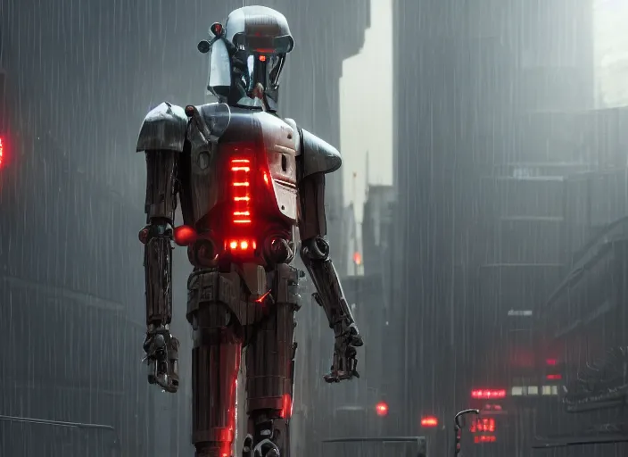 Image similar to 3 5 mm portrait photo of ( general grievous )!! with heavy duty biomechanical cybernetic body with 4 arms holding red lightsabers in the city in the rain. cyberpunk horror in the style of george lucas. unreal engine render with nanite and path tracing.