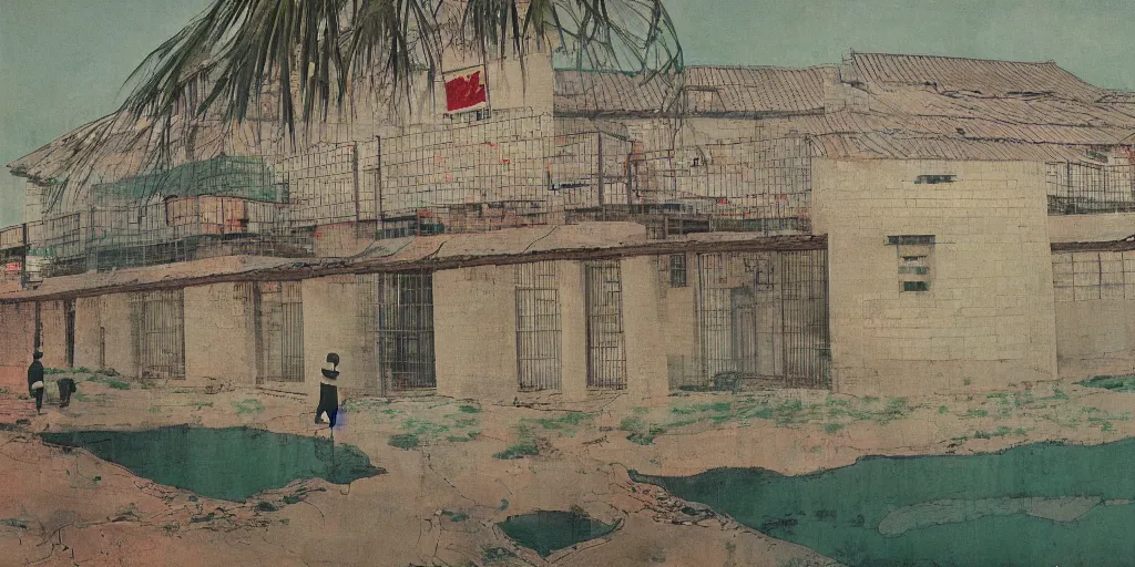 Image similar to a chinese prison near a river by peter doig, overlaid with chinese adverts