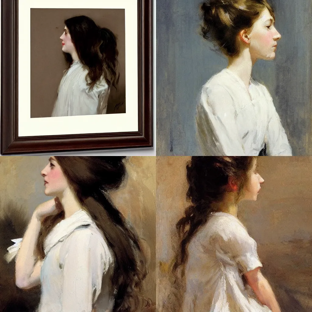 Prompt: girl with long hair, profile, white dress, by frank bramley