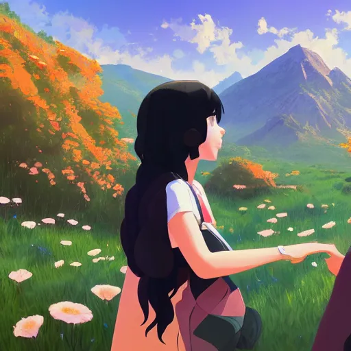 Image similar to one teen girl with long black hair and bangs, one teen boy with black hair, flower fields and mountains in the background, digital painting, artstation, highly detailed, by makoto shinkai and thomas kindle and James gilleard