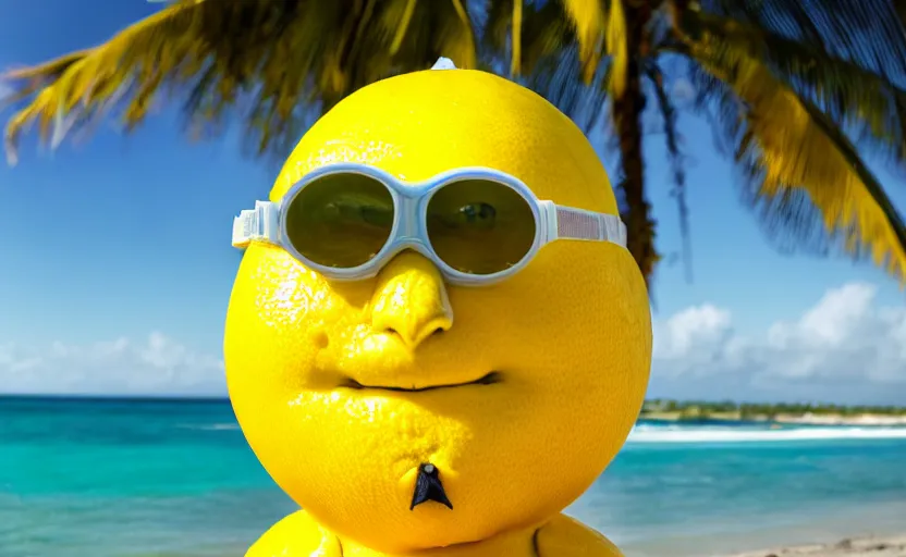Image similar to 5 0 mm photograph, of a real anthropomorphic lemon character, unique style, with lemon skin texture, it is wearing a hat and scuba diving, building a sandcastle on the beach at sunset, beach, huge waves, sun, clouds, tropical trees, rim light, cinematic photography, professional, sand, sandcastle, volumetric lightening