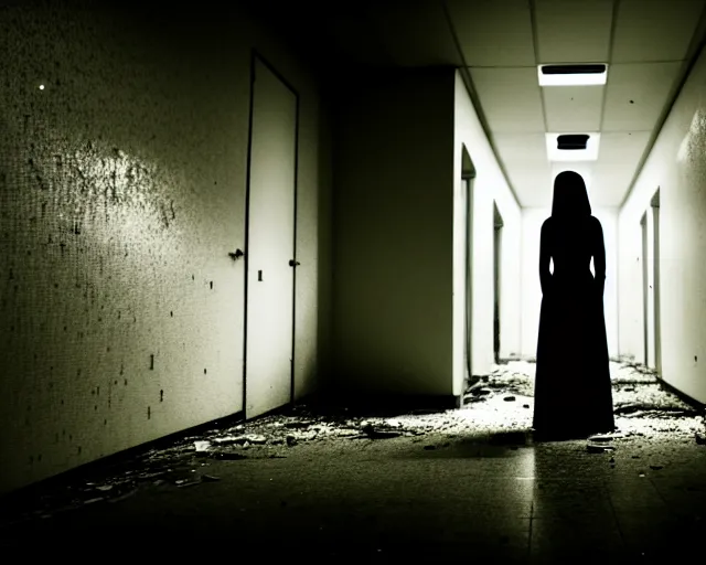 Image similar to creepy woman wearing white dress standing in the backrooms, psychological horror, the eerie forlorn atmosphere of a place that's usually bustling with people but is now abandoned and quiet, buzzing fluorescent lights above the ceiling, unsettling images, liminal space, dark