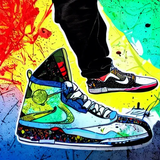 Image similar to Jackson Pollock, Air Jordan sneakers, digital art, product photography