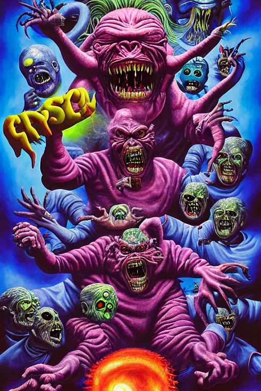 Image similar to a hyperrealistic painting of the epic final boss fight against mega grandma, cinematic horror by chris cunningham, lisa frank, richard corben, highly detailed, vivid color,