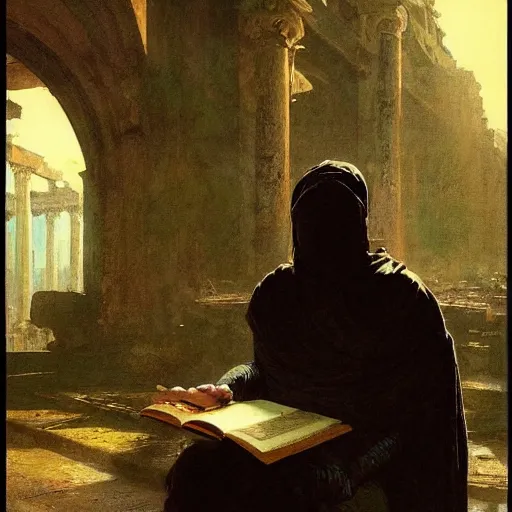 Image similar to half portait of magican wearing a closed cowl with big old book!, jeremy mann, jean leon gerome, tiepolo, alphonse mucha, greg rutkowski, face in the shadows, ( ( ruins of ancient rome ) ), at dusk, mysterious atmosphere, sunrays, dof, masterpiece, high detailed, 8 k