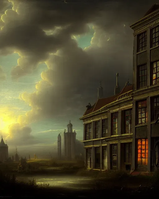 Image similar to urbex by jacob van ruisdael, magic realism darkacademia at dusk cyberpunk evil, archdaily, wallpaper, highly detailed, trending on artstation.