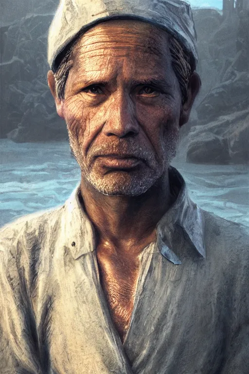 Image similar to Atlantis fisherman, close-up portrait, poor, intricate, elegant, volumetric lighting, scenery, digital painting, highly detailed, artstation, sharp focus, illustration, concept art,ruan jia, steve mccurry