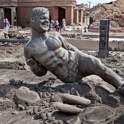 Prompt: a Bobs Big Boy statue being excavated from the ruins of Pompeii, ultra detailed, 8k resolution, ultrarealistic