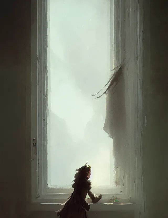 Prompt: the girl at the window, her loose hair, omar ortiz, karl spitzweg, ismail inceoglu, dragan bibin, hans toma, greg rutkowski, wayne forrest, krzysztof lukashevich, perfect face, fine details, centered, rule of thirds, photorealistic shading