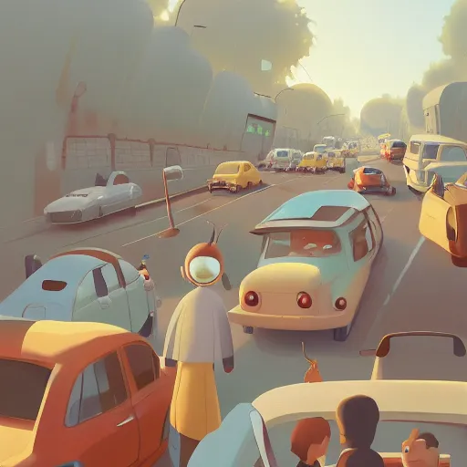 Prompt: goro fujita ilustration sunday people in a jam leaving the city, painting by goro fujita, sharp focus, highly detailed, artstation