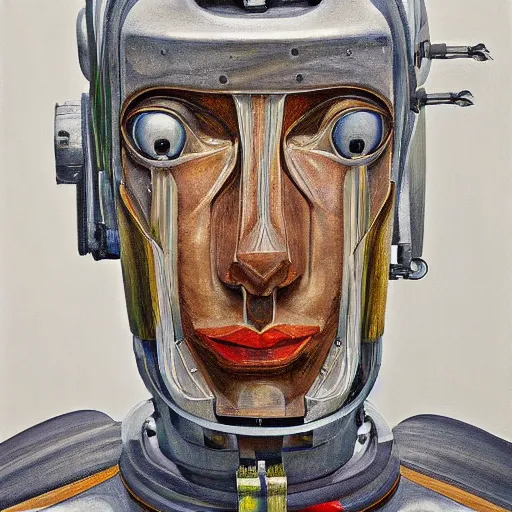 Prompt: high quality high detail painting by lucian freud, hd, portrait of futuristic highly detailed symmetrical robot, photorealistic lighting