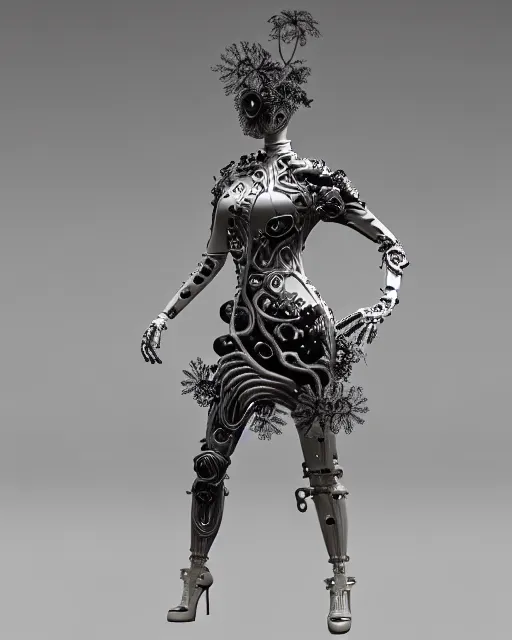 Prompt: monochrome 3 d model, 1 8 7 0 picture, silver mesh floral steampunk biomechanical beautiful young female cyborg with porcelain profile face and a techno eye, volumetric light, leaves foliage and stems, hibiscus flowers, sinuous fine roots, fine foliage lace, alexander mcqueen, rim light, big gothic fashion pearl embroidered collar, octane render, 8 k