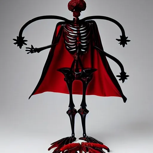 Prompt: A beautiful kinetic sculpture of a horned, red-eyed, skeleton-like creature, with a long black cape, and a staff with a snake wrapped around it, standing in front of a castle atop a cliff. by René Lalique soft, casual