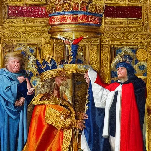 Image similar to crowning of donald trump, epic lighting, medieval painting, amazing details