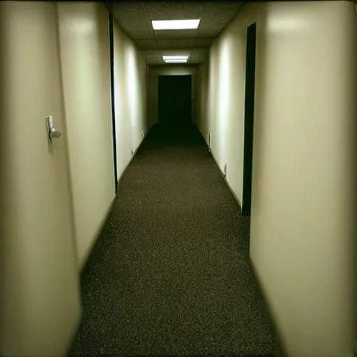 Prompt: a creepy office hallway. a figure at the end of a hallway. craiglist photo. 2 0 0 4