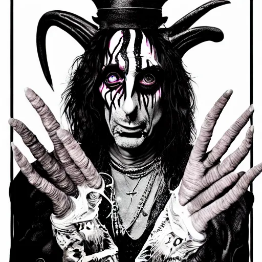 Image similar to graphic illustration, creative design, alice cooper as baphomet, biopunk, francis bacon, highly detailed, hunter s thompson, concept art