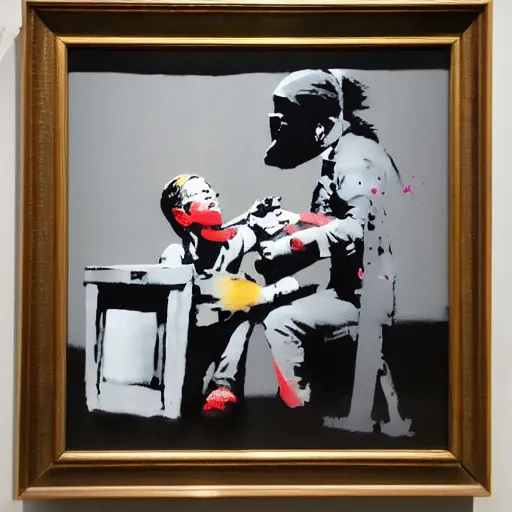 Prompt: banksy and andy wharrol collab painting art piece museum expo