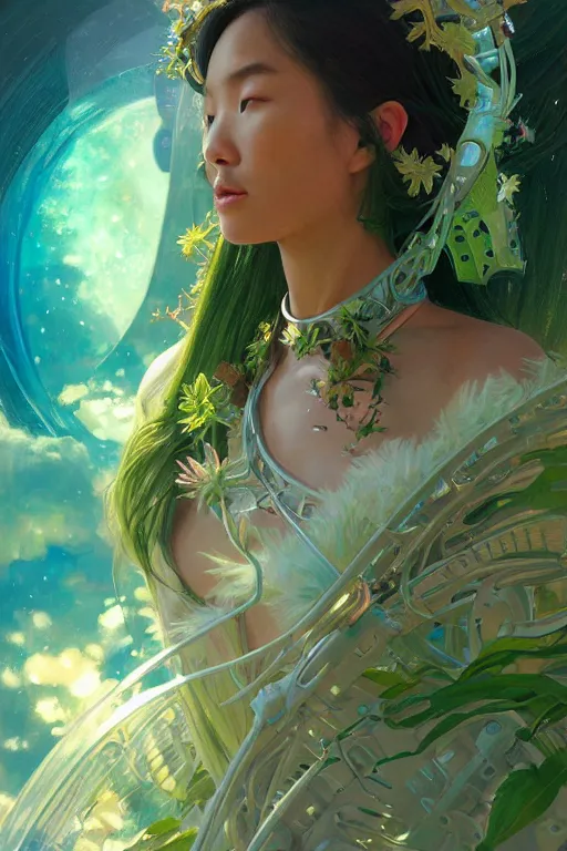 Prompt: portrait of Celestial Hawaiian Goddess as a futuristic princess, inside future fighter, sci-fi, fantasy, intricate, lush garden spaceship, elegant, human anatomy, royal green and nature light, highly detailed, digital painting, artstation, concept art, smooth, sharp focus, illustration, art by tian zi and WLOP and alphonse mucha