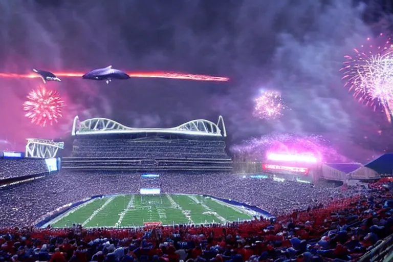 Image similar to !dream a flying whale zooms over an NFL stadium with fireworks cinematic lighting