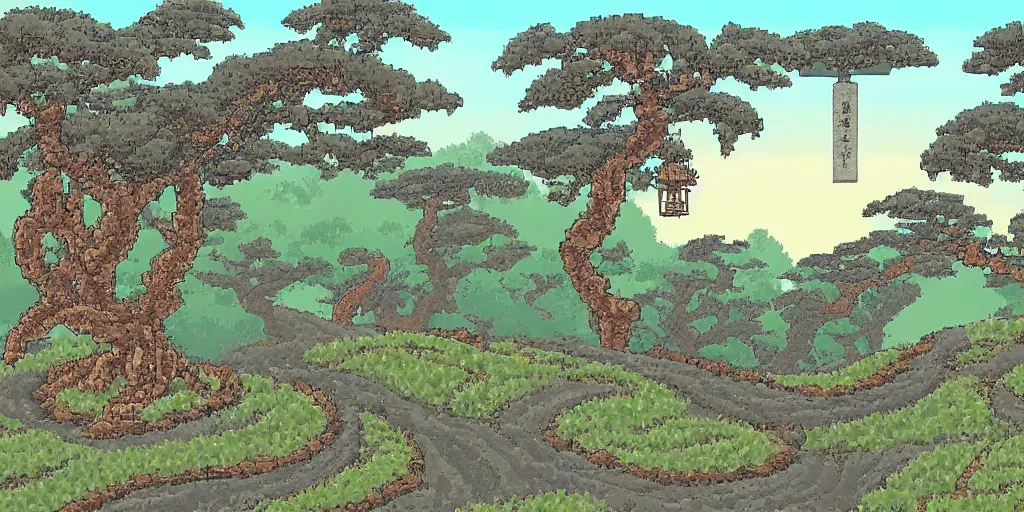 Image similar to old japanese landscape with pagoda, curved trees and rocks, detailed, pixel art