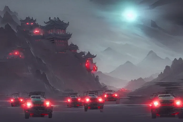 Image similar to a convoy of programmers are marching to chinese palace, big red dragon flying above them, dark atmosphere, light above palace, digital art, trending on artstation