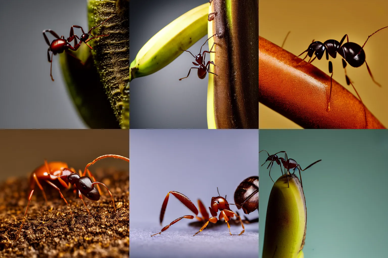 Prompt: Macro shot photo of an ant climbing a banana, studio lighting