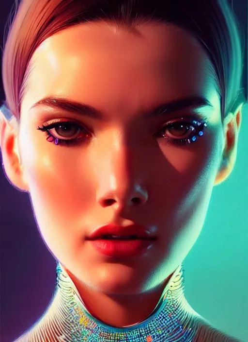 Image similar to photorealistic portrait of female humanoid, highly intricate, retro 6 0 s fashion, elegant, highly detailed, crispy quality and cyber neon light reflections, trending in artstation, trending in pinterest, glamor pose, sharp focus, no signature, no watermark, art by artgerm and greg rutkowski
