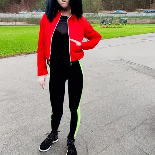 Prompt: black - haired pale - skinned girl with emo hair over eye, green eyes, wearing cherry red jacket and black spandex pants