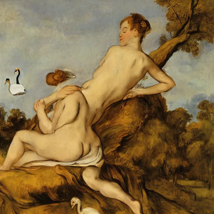 Image similar to leda with swan in a stunning landscape, golden light in center of painting, oil painting by frans hals
