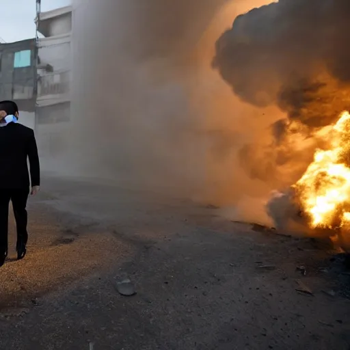 Prompt: photo of a man in a suit wearing a latex mask of a emperor penguin, at a favela, walking away from explosion, dramatic lighting