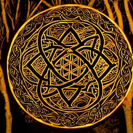 Image similar to Celtic flower of life carved on a tree illuminated by full moonlight, Photo taken with Nikon ISO 2600