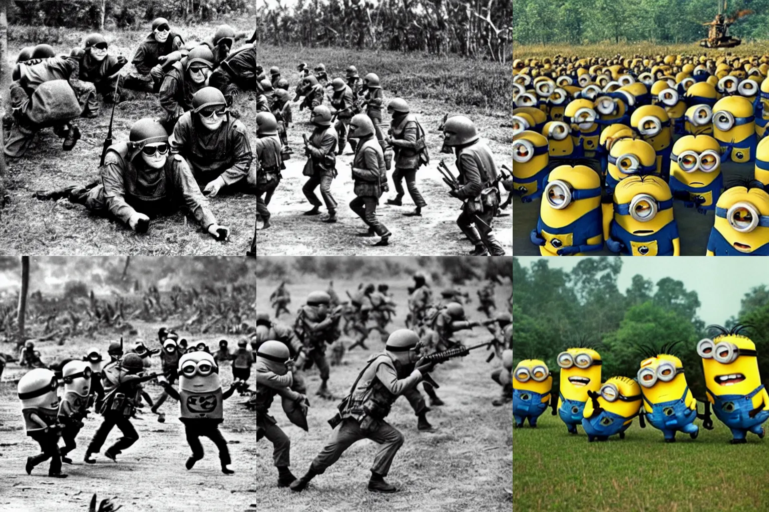 Prompt: photo of minions fighting in the vietnam war