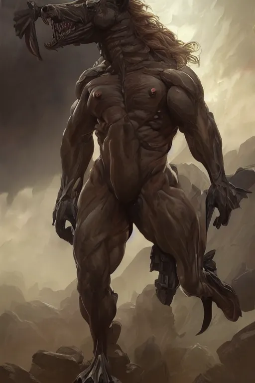 Image similar to splash art of a monstrously muscular anthro horse wearing a tactical bodysuit, full body, highly detailed, digital painting, artstation, concept art, sharp focus, illustration, art by artgerm and greg rutkowski and alphonse mucha