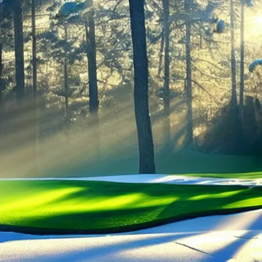 Prompt: augusta national the masters, but during winter completely covered in snow, beautiful ambient light, stunning photography, fog, light rays