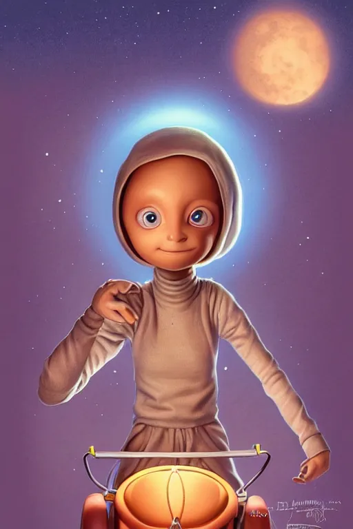 Image similar to et from spielberg arriving home, animation pixar style, by pendleton ward, magali villeneuve, artgerm, rob rey and kentaro miura style, golden ratio, trending on art station