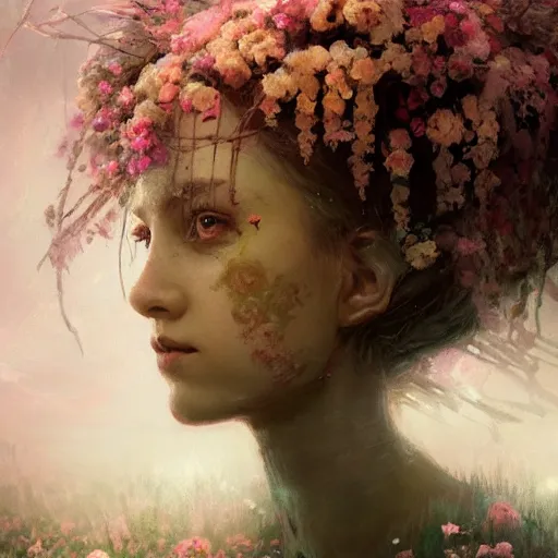 Image similar to a beautiful terrifying girl made of flowers. ethereal horror fantasy art by greg rutkowski and magali villanueve and monet, concept art, smooth, cinematic lighting, 8 k resolution