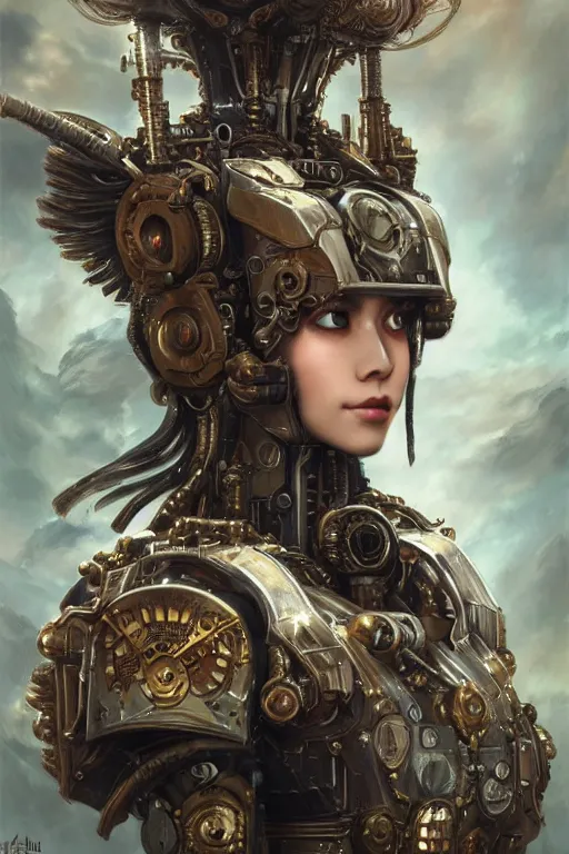 Image similar to ultra realist and ultra intricate detailed soft painting of a beautiful mechwarrior kawai in steampunk armor, thin lustrous hair, symmetry features, sensual gloomy style, soft painting, volumetric clouds, fantasy background, artstation, Tom Bagshaw artstyle, unreal render, depth of field