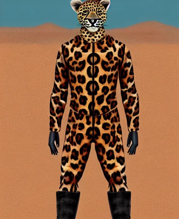 Prompt: with a tail 🐆 photorealistic fullbody 🐆 👨 art portrait, strapping boots on and suiting up, getting ready for roughneck work, martian mining ⛏ colony, a handsome ♂ leopard furry