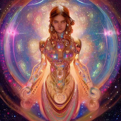 Image similar to portrait of a cosmic goddess, suit made out of stars and galaxies and cosmic energy, intricate, headshot, highly detailed, digital painting, artstation, concept art, sharp focus, cinematic lighting, illustration, art by artgerm and greg rutkowski, alphonse mucha, cgsociety