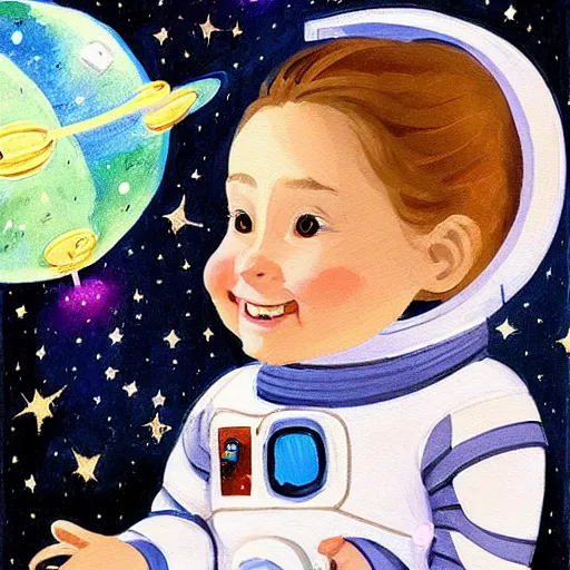 Image similar to a cute little girl with a round cherubic face, blue eyes, and short wavy light brown hair smiles as she floats in space with stars all around her. she is an astronaut, wearing a space suit. beautiful painting with highly detailed face by quentin blake and maurice sendak and greg rutkowski