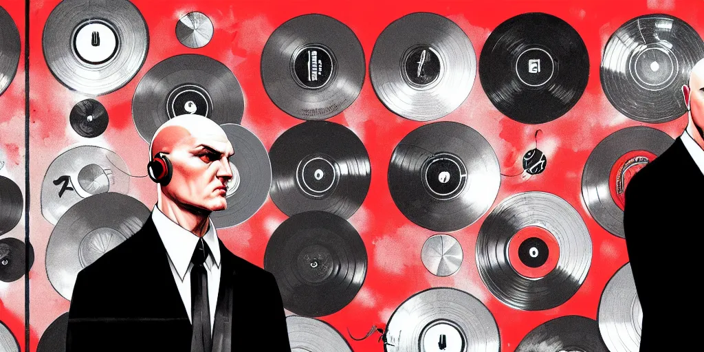 Image similar to a portrait of agent 4 7 from hitman wearing headphones in front of a wall of vinyl records, head being lit by red rim light, digital art, artstation, art by yoji shinkawa